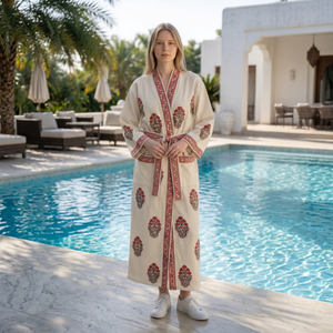 Robe de chambre gaufrée brodée florale pour femme, manches longues, col en V, longueur genou, 100 % coton doux, décontractée, pour l'été - Product Image 1