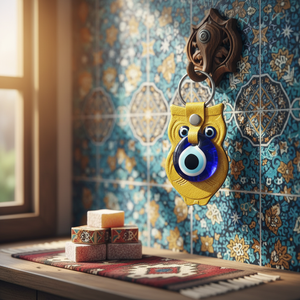 Porte-clés en faux cuir doré en forme de hibou avec mauvais œil fait à la main de Turquie - Product Image 3