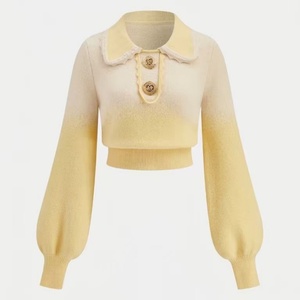 Ensemble deux pièces pour <span class=keywords><strong>femme</strong></span> : pull polo <span class=keywords><strong>court</strong></span> en maille dégradée vintage et jupe, avec boucle dorée sculptée et manches lanternes - Product Image 3
