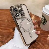 Étui de téléphone portable magnétique sans fil de luxe avec diamants brillants sur les côtés pour iPhone 18 17 16 15 14 13 12 11 Pro Max