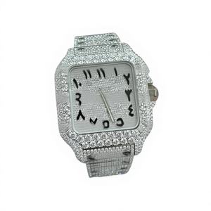 Montre de luxe Hip Hop à boîtier carré avec bracelet en acier inoxydable, cadran en verre, moissanite, résistance à l'eau 10 bars, fermoir de bracelet - Product Image 1