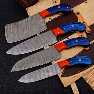 Juego de cuchillos de cocina de Damasco de 5 piezas hechos a mano con mango de madera y funda de cuero, cuchillo de chef, cuchillo de pan, cuchillo utilitario, cuchillo de supervivencia, venta al por mayor - Product Image 1