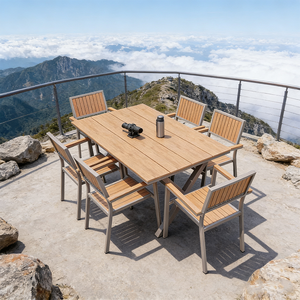 Set Tavolo da Pranzo per Esterni Tavolo Lungo <span class=keywords><strong>con</strong></span> Struttura <span class=keywords><strong>in</strong></span> Alluminio e Legno Sintetico Arredamento da Giardino per Ristoranti e Hotel - Product Image 1