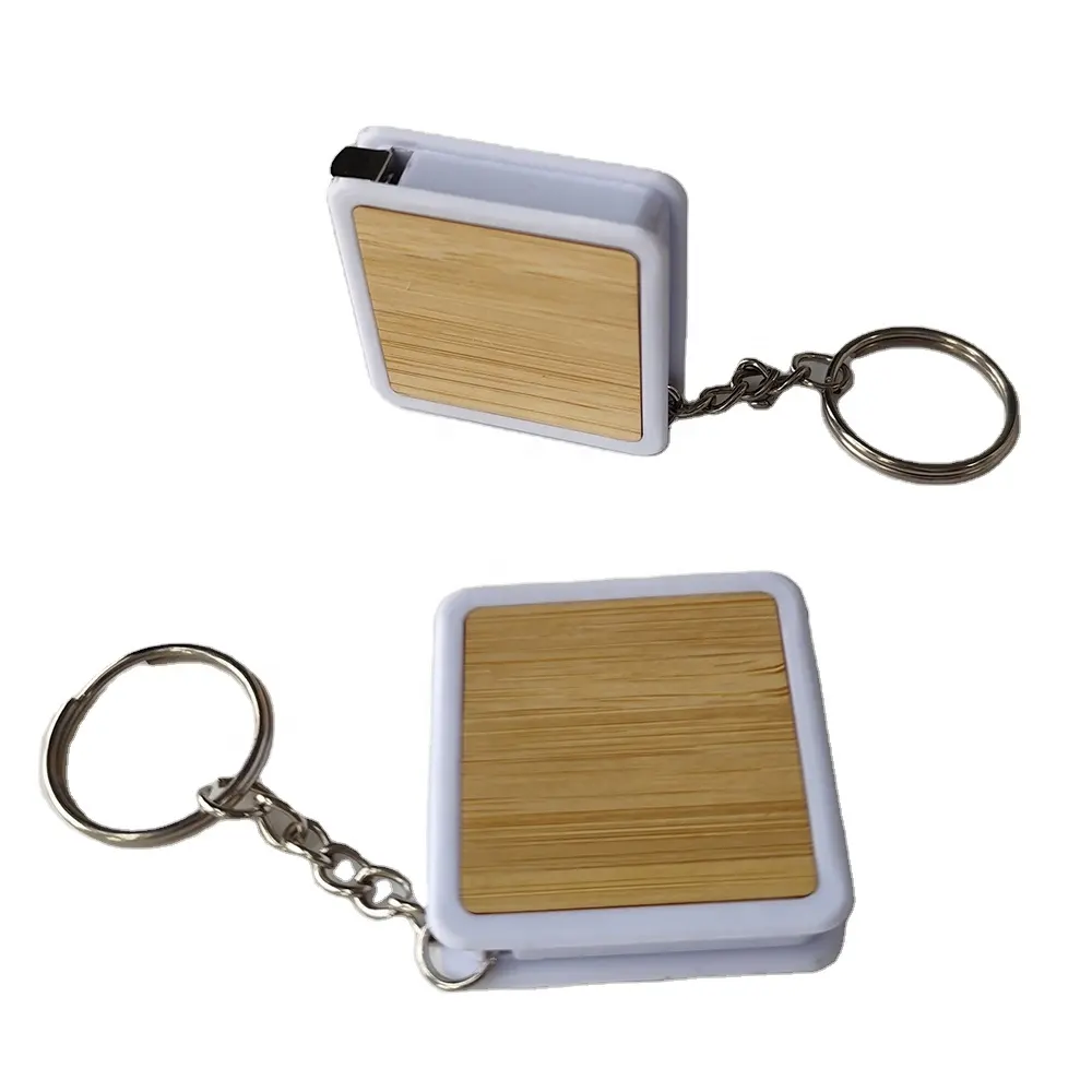 Small compact measuring tape key ring square bamboo tape measure keychain