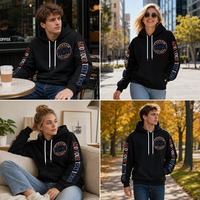 Sweat à capuche noir personnalisé brodé épais unisexe avec logo multi-positions sur manches, poitrine et dos, style streetwear, vente en gros OEM