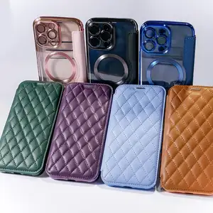 Capa de couro flip wallet para celular, porta-cartões com ímã para iPhone 15 14 13 pro max, agsafe, fabricante fornecedor