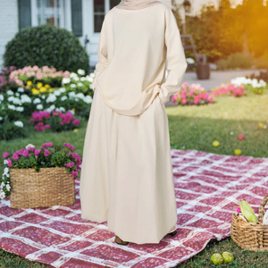 Robe longue Abaya en coton pour femme, manches longues, col rond, couleur unie, coupe ample, style A-line, respirante, pour usage quotidien, style Moyen-Orient - Product Image 3