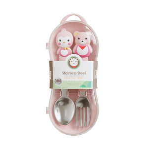 Ensemble de fourchettes et cuillères en acier inoxydable pour bébé, design de dessin animé rose, pour 1-2 ans, bords ronds sûrs, ustensiles d'apprentissage - Product Image 2