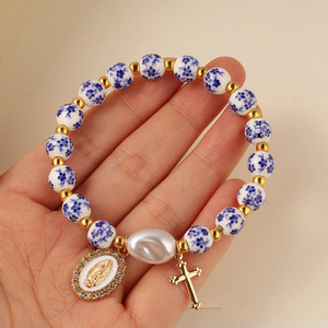 Irregularly Shaped Blue-and-White Porcelain Bead <b>Bracelet</b> With <b>WWJD</b> Letter Pendant Cross Unisex Wholesale Yiwu L1396 Irregular S - Product Image 5