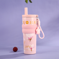 Tumbler Kopi Keramik Lapis Baja Tahan Karat 316 Estetika Tinggi 710ml Grosir, Dilengkapi Sedotan dan Tali, Terisolasi untuk Wanita