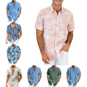 批发服装时尚修身定制标志衬衫男士树叶印花大码短袖沙滩夏威夷衬衫