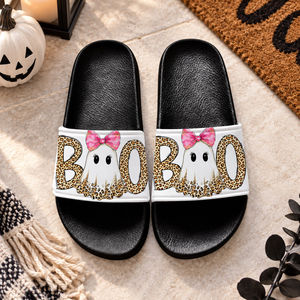 Ciabatte personalizzate di Halloween a forma di fantasma in EVA, con stampa leopardata, tomaia in PU, impermeabili, antiscivolo, suola morbida, per casa e spiaggia - Product Image 2