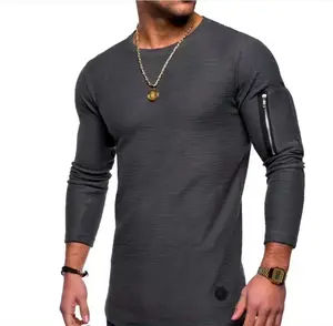 Camiseta de lino de estilo largo personalizada para hombre Camiseta de manga larga con bolsillo y cremallera
