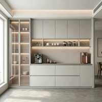 Buffet de bar à café en bois de luxe léger, armoire de rangement personnalisée étanche avec éclairage LED et étagères ouvertes en verre