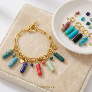 Breloques en forme de barre cylindrique en pierre |   Boucles en acier inoxydable plaqué or 18 carats PVD avec pendentifs en pierres précieuses naturelles pour la création de bijoux DIY - Product Image 4