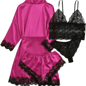 Conjunto de Bata de Invierno para Mujer, Talla Grande, Satén con Encaje, Estampado Floral, Cuello en V, Lencería Sexy, Estilo Europeo Americano, Kimono - Product Image 2