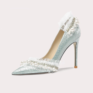 Nuove Scarpe Eleganti Primaverili in Stile Francese, Tacco Blu Chiaro <span class=keywords><strong>con</strong></span> Pizzo, Disponibili in Taglie Piccole, Eleganti e Sofisticate - Product Image 1