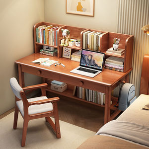 โต๊ะเรียนไม้เนื้อแข็งพร้อมชั้นวางหนังสือ 80x60x110 ซม. โฮมออฟฟิศห้องนอนเด็กโต๊ะคอมพิวเตอร์ดีไซน์สี่เหลี่ยมเรียบง่าย - Product Image 1