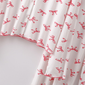 Conjunto de Pantalones y Cárdigan SUHE PJ-055 para Mujer, Tejido Acanalado, Modal, Cuello con Lazo de Leopardo, Casual, Lavado, Manga Larga, Ropa para el Hogar, Rosa y Blanco - Product Image 3