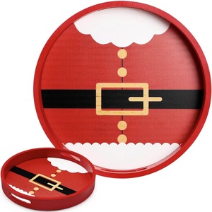 Christmas Santa Design Round Serving Tray <b>Red</b> With <b>Belt</b> Detail For Holiday Dining And Dessert Presentation - Product Image 1