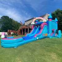 Château gonflable aquatique Hpfburg bleu marbre avec toboggan aquatique et zone de saut, grand château gonflable combiné avec toboggan aquatique pour fêtes