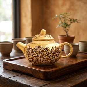 Théière chinoise traditionnelle avec couvercle et poignée décorée de figures et motifs sculptés - Product Image 3