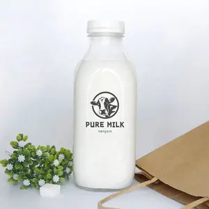 32oz 1000ml Pint 1Quart Glass Cold Pressed Juice French Square Milk Bottles With Tamper Evident Cap For Dairy