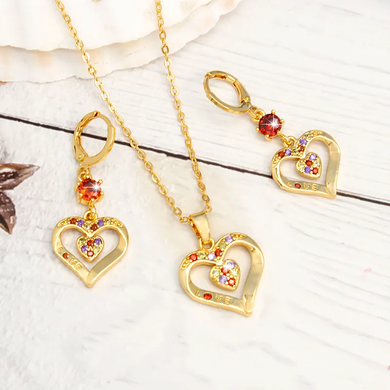 New Arrival Photo Pendant Necklace,Custom Name I Love You Necklace Set 18K Gold Plated Zircon Heart Design Earrings Set