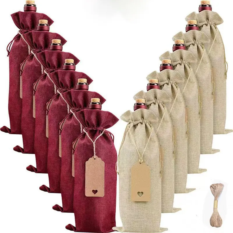Grosir tas tali rami ramah lingkungan kantung botol anggur goni daur ulang kustom kantung anggur goni dapat digunakan kembali dengan tali tarik