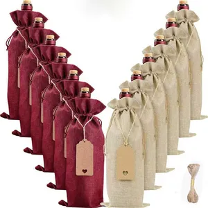 Bolsa de yute con cordón respetuosa con el medio ambiente al por mayor, bolsa de botella de vino de arpillera reciclada personalizada, bolsa de vino de yute reutilizable con cordones