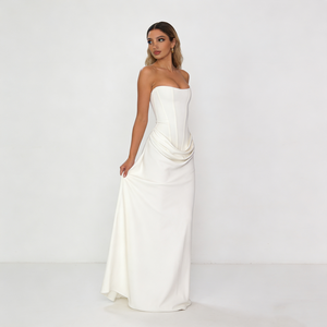 Abiti da Donna Bianchi <span class=keywords><strong>Senza</strong></span> <span class=keywords><strong>Spalline</strong></span> con Corsetto in Vita, Dettaglio Arricciato, Aderenti in Tessuto Satinato, Eleganti Abiti Lunghi da Cerimonia per Ospiti di Matrimonio - Product Image 3