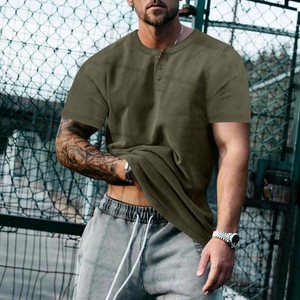 Camiseta Henley de Cuello Redondo y Manga Corta para Hombre, Color Sólido, Corte Regular, 100% Algodón Jersey, Ropa Casual de Verano 2024 - Product Image 5