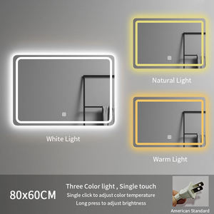 Miroir LED rectangulaire 80*60, sans cadre, intelligent, à température de couleur réglable, résistant à l'humidité, pour salle de bain, hôtel - Product Image 3