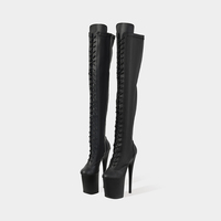 Bottes de danse à plateforme à lacets et bout ouvert pour femme, talons de 20 cm, bottes de motard montantes au-dessus du genou pour club de nuit, automne-hiver