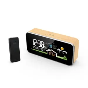 new solid wood weather station indoor and outdoor temperature and humidity weather forecast wireless sensor perpetual calendar