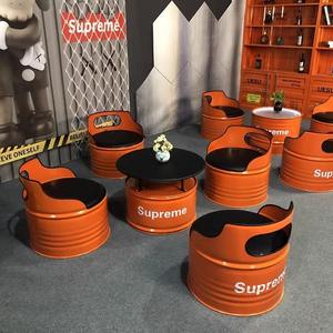 Ensemble de banquettes industrielles en forme de baril, 1 table basse en métal avec sièges de style tambour pour café, <span class=keywords><strong>bar</strong></span> et salon de bureau - Product Image 3