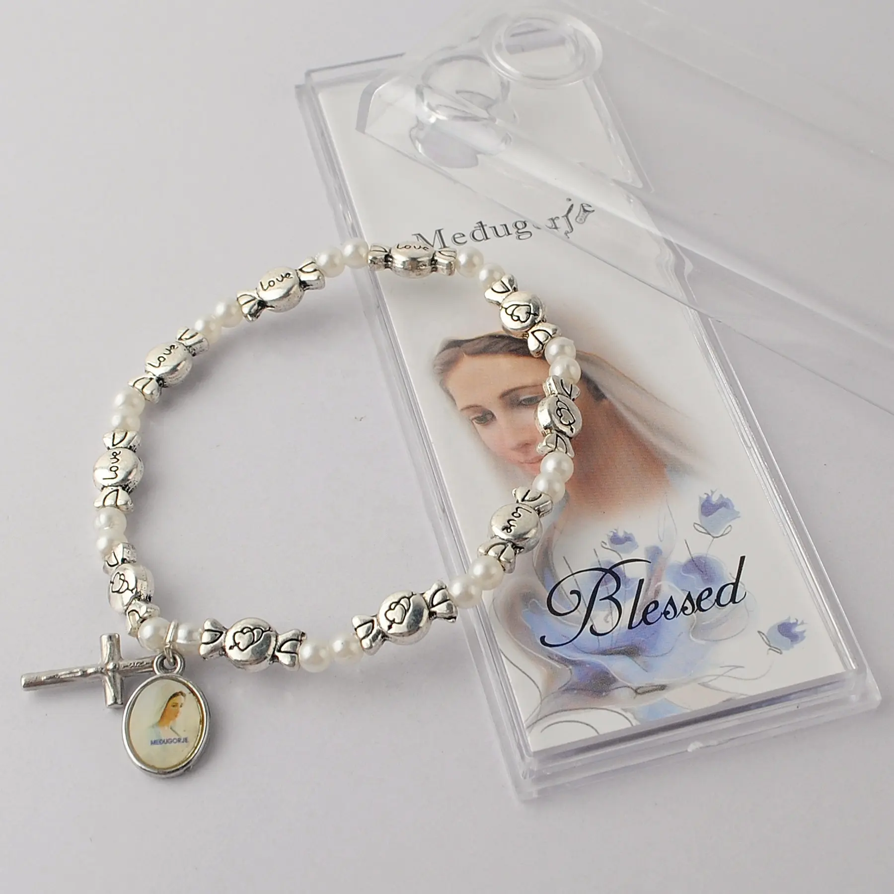 Pulseira de metal doces, com contas de pérolas brancas, pulseira cristã com impressão medugorje, pacote em caixa