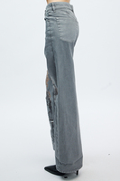 Jean droit femme tendance streetwear OEM Y2K en denim semi-transparent gaufré, déchiré et évidé, taille mi-haute