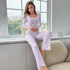 Sleepwear <b>Women</b> Floral Print Lettuce Trim Top with Long Pant Lovely Loungewear Full Sleeve <b>Nightwear</b> Spring Autumn Pajamas Set - Product Image 5