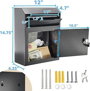 Caja de Depósito de Seguridad POCHAR de Metal Negro Extra Grande <span class=keywords><strong>para</strong></span> Montaje en Pared, con Cerradura, 12' x 4.25' x 14.75', Capacidad de 5-30 kg, <span class=keywords><strong>para</strong></span> Llaves y Rentas - Product Image 2