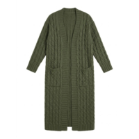 Cardigan long en maille torsadée pour femme, vert olive, ouvert sur le devant, avec poches plaquées en mohair, style manteau-pull, OEM ODM