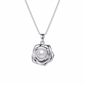 <b>Copper</b> 3D Rose Flower Freshwater Pearl Pendant Necklace Sculptured Petal Romantic Bridal Jewelry Gift for Women - Product Image 1