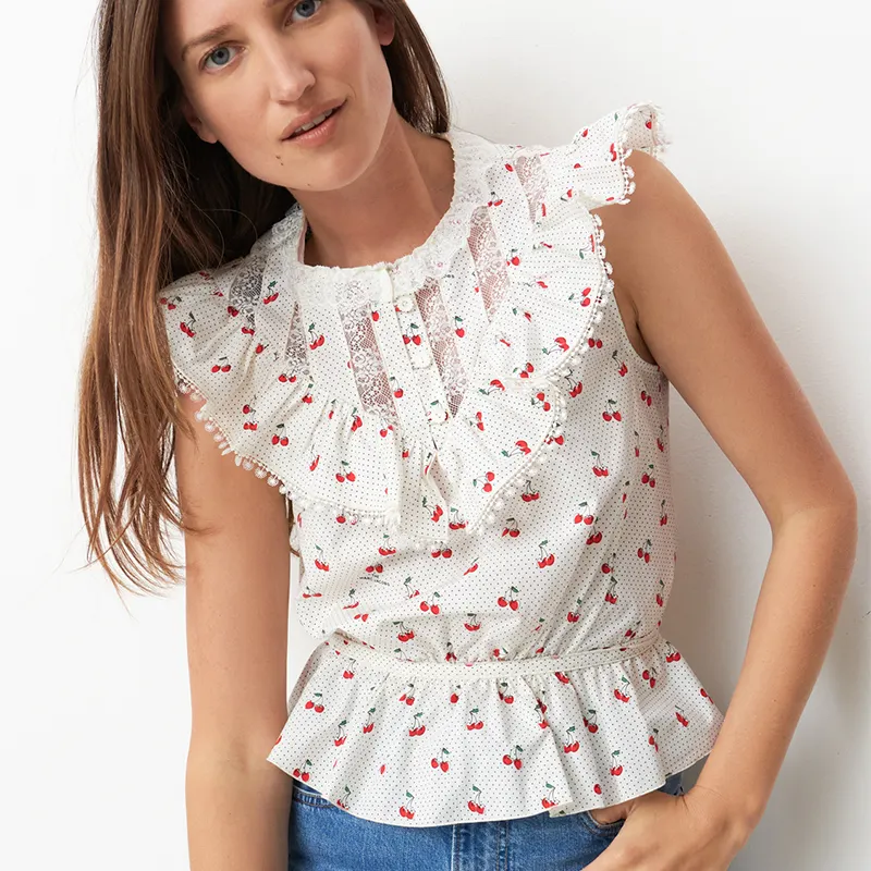 White color Cherry floral print 100% Cotton Round neck Shirt Lotus sleeve summer cute Ruffles Woman blouse & tops