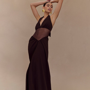 เดรสค็อกเทลยาวแบบผูกคอ คอลึกเว้าหลัง สำหรับผู้หญิง ทรงเข้ารูปช่วงเอว ผ้าบางเบา - Product Image 3