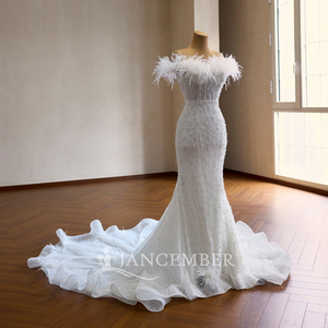 Vestido de Novia <span class=keywords><strong>Sirena</strong></span> con Adornos de Plumas de Avestruz y Lentejuelas de Perlas Rsm261105, Magnífico Vestido Blanco con Cola Circular Adornada Jancemebr - Product Image 2
