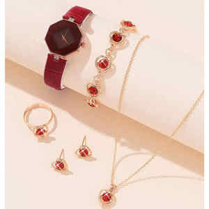 6185レディースレザークォーツハンドウォッチ5pcsハートクリスタルブレスレットジュエリーセットギフト - Product Image 2