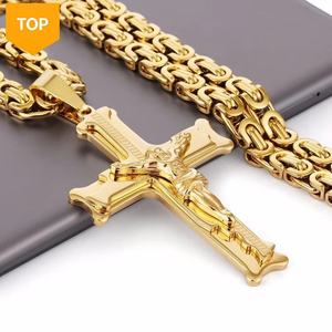 18K Gold Plated Two Tone Stainless Steel Byzantine <b>Chain</b> King <b>Chain</b> <b>Cross</b> Pendant Necklace Men's Christian Jesus <b>Cross</b> Necklace - Product Image 2