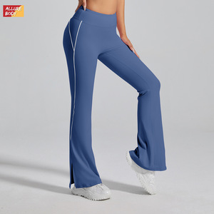 Pantalones de yoga acampanados de cintura alta con abertura lateral y rayas laterales, elásticos en cuatro direcciones, de nailon y elastano, para mujer, para fitness y danza. - Product Image 2