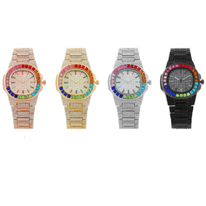 Vente directe d'usine, quatre couleurs, montre à quartz pour femmes, luxe, bling bling, hip hop, en alliage, avec verre arc-en-ciel coloré, calendrier - Product Image 6