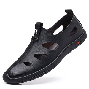 Men's Round Toe Leather Sandals <b>Slip</b>-On Summer Sporty Style Rubber Outsole EVA Midsole Solid Color PU Lining - Product Image 5